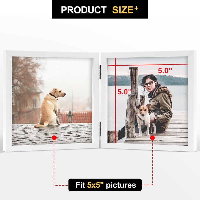 Forev 5x5 Double Picture Frame Wooden Hinged Photo Frame Definition Glass Stand Vertically on Desktop or Tabletop White - Image 2